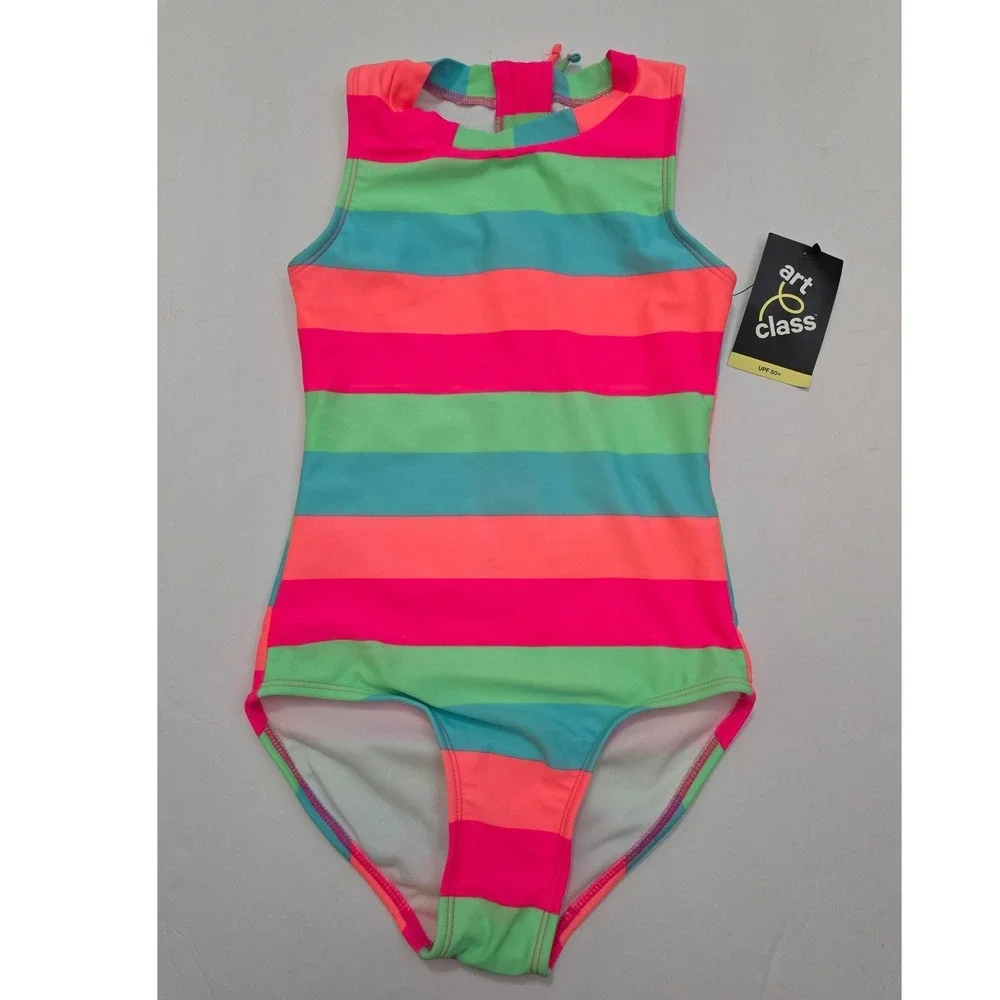Art Class Girl Neon Striped One Piece Swimsuit UPF 50+ Zip Back Multicolor S 6-7